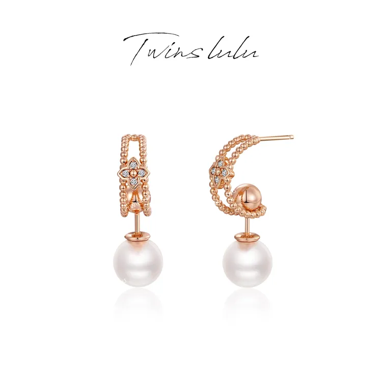 TWINS LULU流光风秋上新礼物小众首饰女款C形珠珠四叶耳环TSL2196