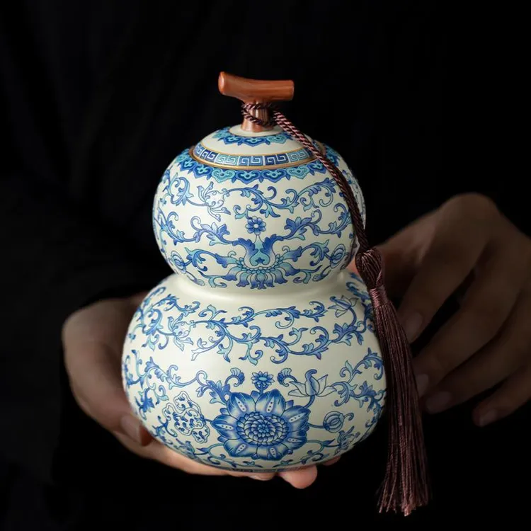 青花汝窑葫芦茶叶罐高档陶瓷中式密封储存罐绿茶白茶普洱茶防潮罐