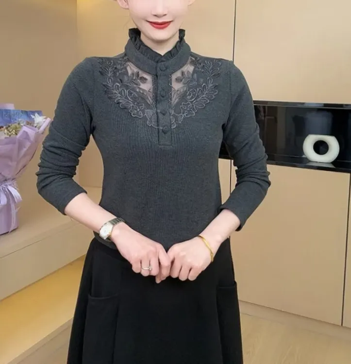 花边领设计镂空百搭气质显瘦加绒加厚女士长袖小衫打底衫衬衫