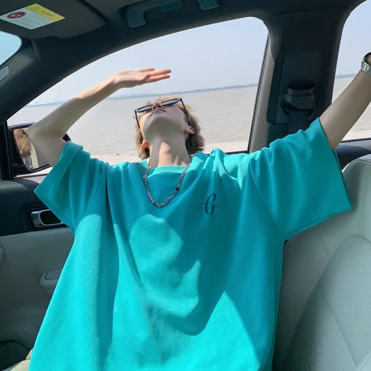 湖蓝色320g重磅t恤潮牌高级感短袖夏季男款多巴胺穿搭日系七分袖