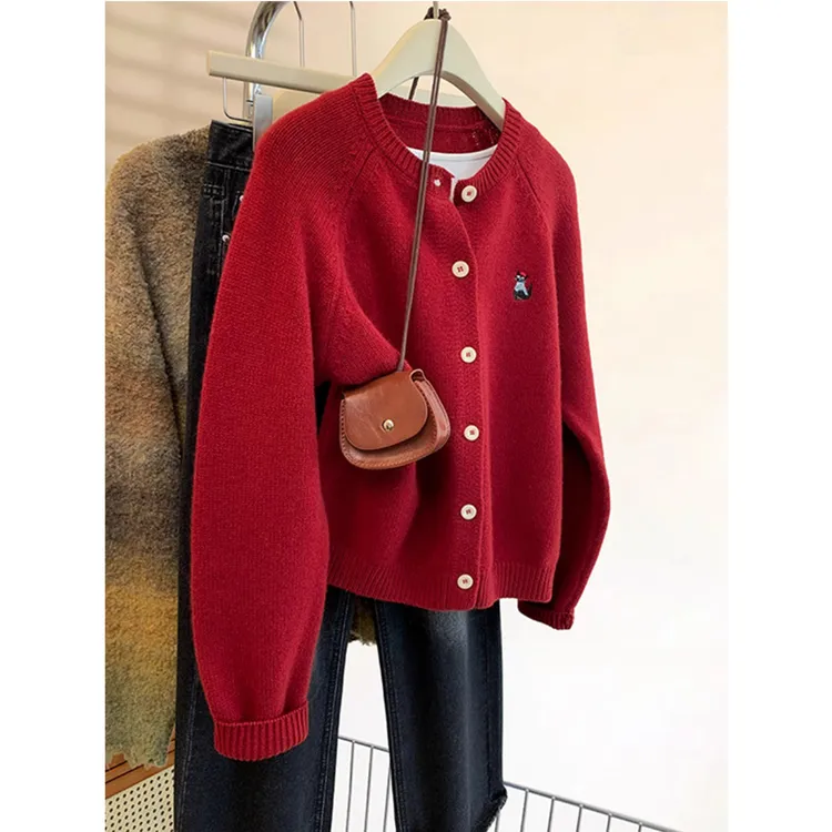 涤纶70%红色毛衣外套女秋冬2025新款爆款宽松慵懒风新年针织开衫