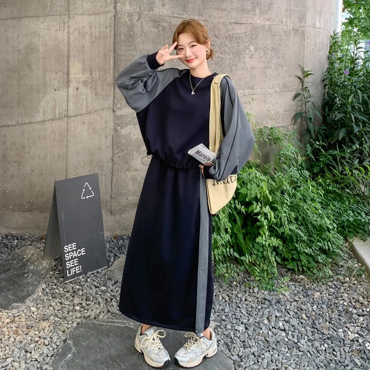 藏青色撞色拼接卫衣套装裙女2025秋季新款高腰半身裙超好看两件套
