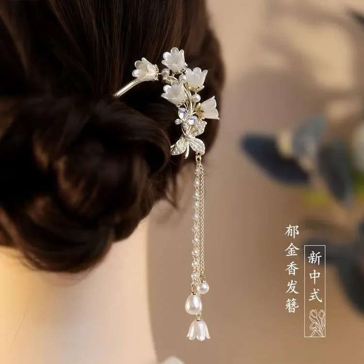 新中式郁金香流苏发簪女高级感气质U型发钗国风盘发插梳汉服发饰