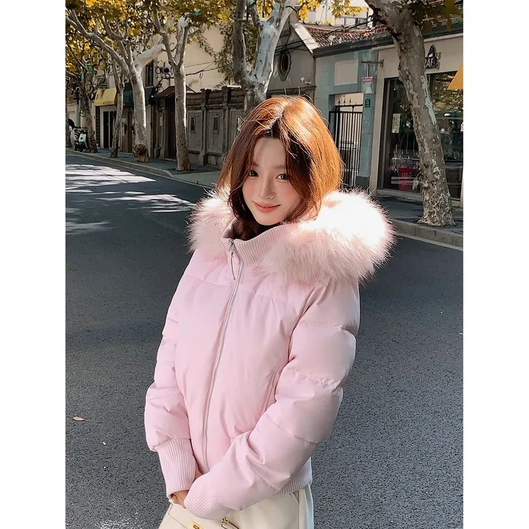 冬季新款毛领加厚短款百搭修身棉衣小个子保暖棉服外套