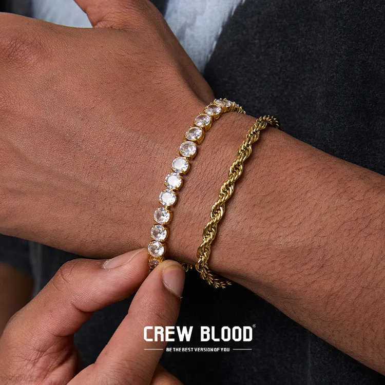 铜合金锆石手链 CREW欧美双层叠戴网球手链男麻花链小众复古礼物