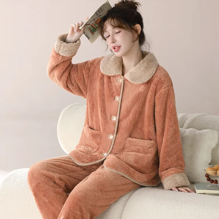 【爱马橙高定茶色】秋冬新款女士加厚雪花绒家居服可外穿法兰绒睡衣