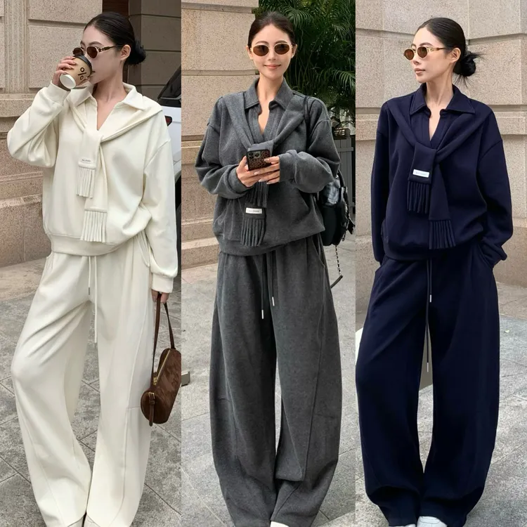 老钱气质减龄时尚套装休闲运动围巾卫衣显瘦高腰休闲裤宽松两件套