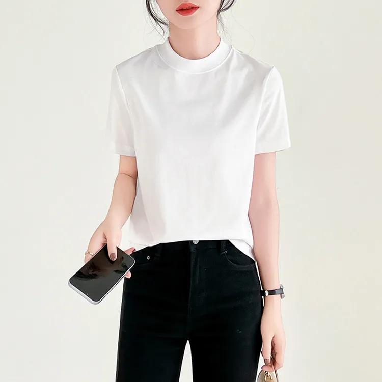 夏季新品女士宽松后中缝立领80支匹马棉T恤