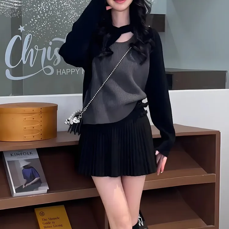 设计感撞色镂空假两件毛衣女秋冬新款显瘦内搭拼接针织衫打底上衣