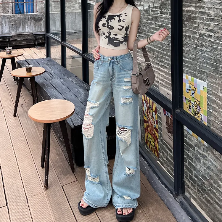 小个子高街前后破洞牛仔裤女2025秋季新款高腰显瘦窄版阔腿直筒裤