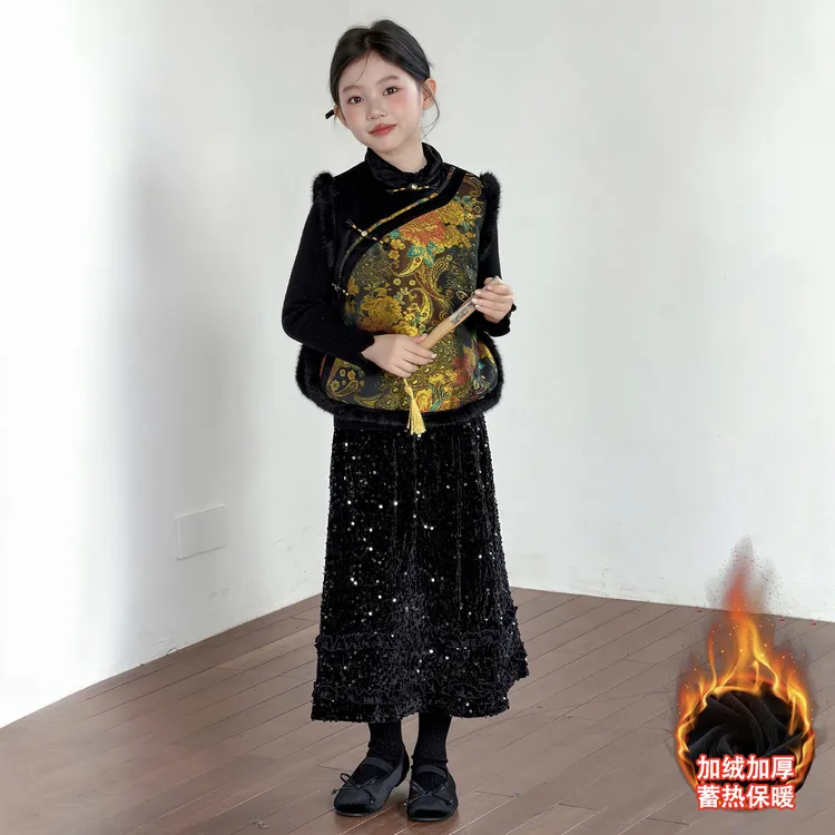 女童新中式夹棉旗袍马甲秋冬宝宝加厚保暖国风唐装背心拜年服汉服