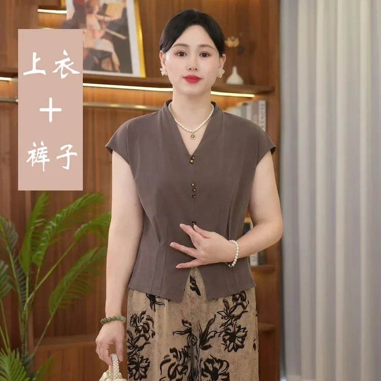 洋气妈妈夏装时尚减龄小衫套装中老年显瘦上衣印花阔腿裤气质衬衫