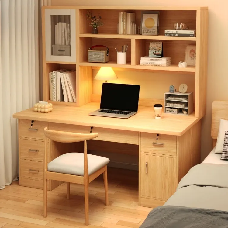 实木电脑桌台式书桌书架书柜一体桌卧室写字台桌学生家用学习桌子