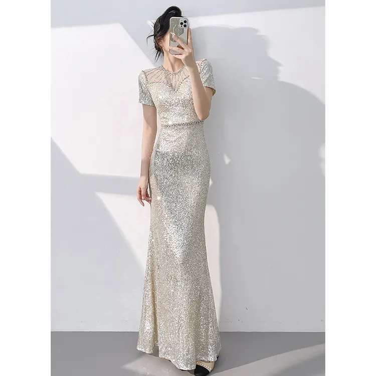 香槟色晚礼服2025新款宴会气质轻奢小众主持人亮片鱼尾裙高端大气