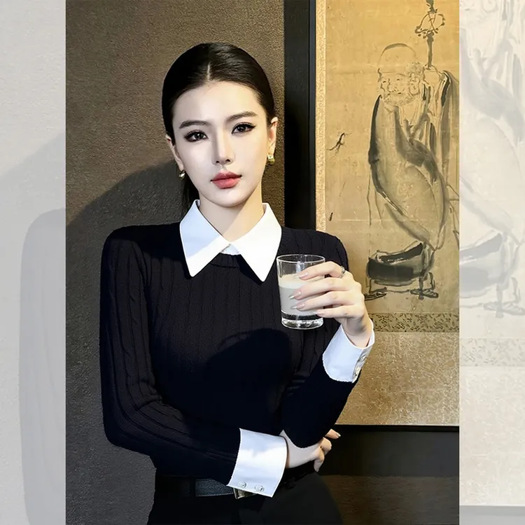 洋气高贵假两件针织衫打底上衣服女秋冬独特漂亮内搭黑色翻领小衫