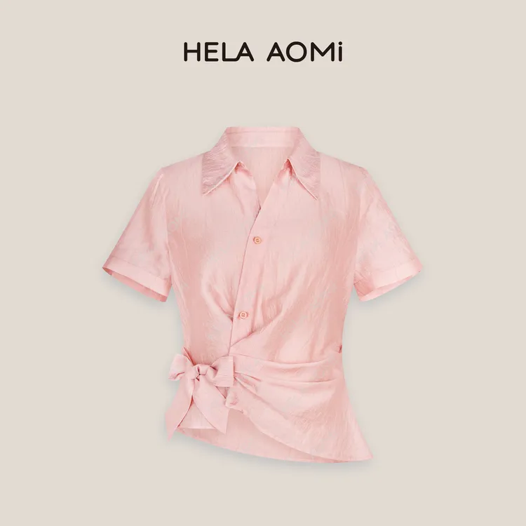 HELA AOMI“醋酸85% 醋酸衬衫”翻领单排扣绑带收腰衬衫CY5BB11638
