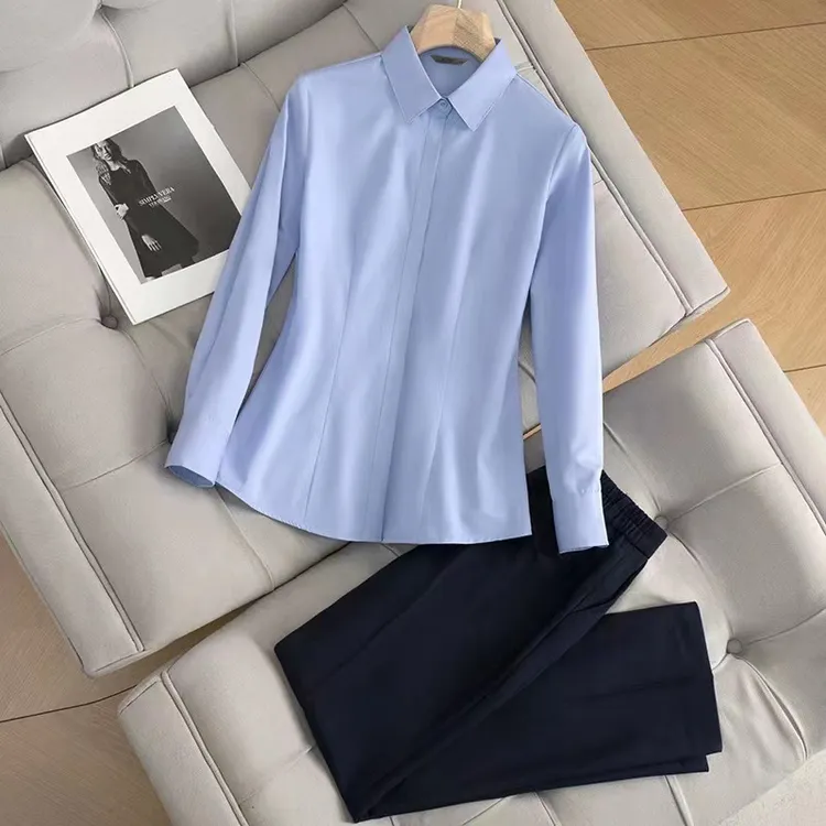 白色长袖衬衫女职业夏季2025新款V领通勤正装工作服气质蓝色衬衣