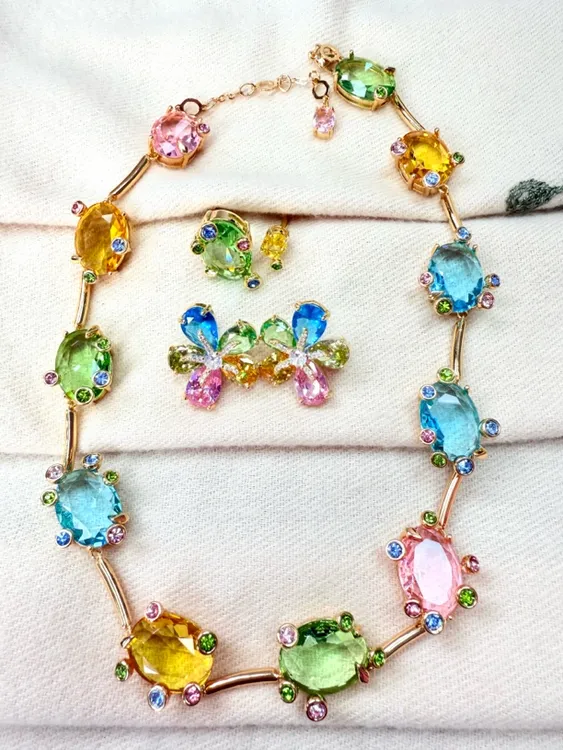 铜合金仿水晶项链 奥地利新款siwaruski 欧美风彩色古风素款轻奢