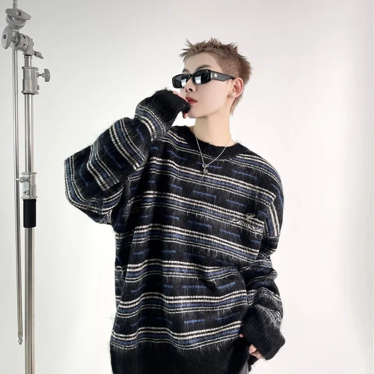 2025冬新款经典撞色条纹针织衫男款秋季美式宽松内搭上衣时尚毛衫