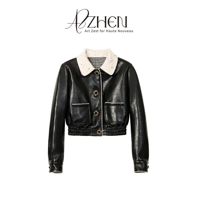 AZZHEN【鎏金旧梦】双层立体蕾丝复古加棉皮衣皮夹克短款AZ5BSP10