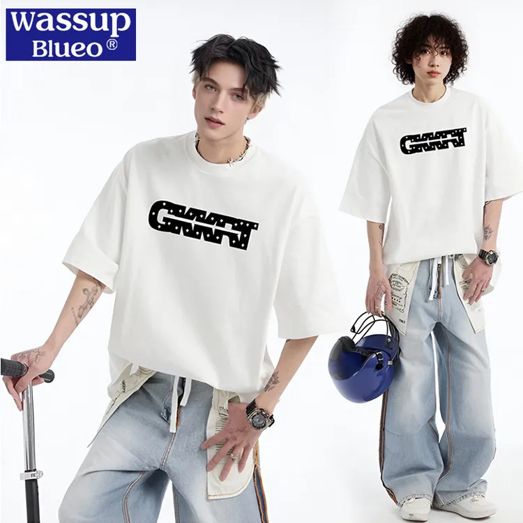 wassup blueo320g重磅刺绣短袖T恤男夏季高街美式圆领五分袖衣服