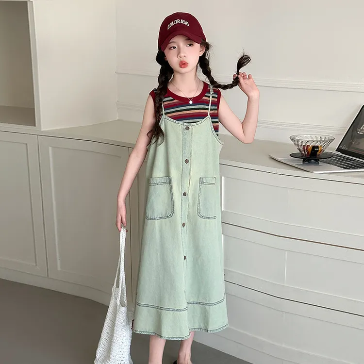 女童夏装连衣裙2025新款儿童韩系裙子大童女孩夏天牛仔背带裙套装