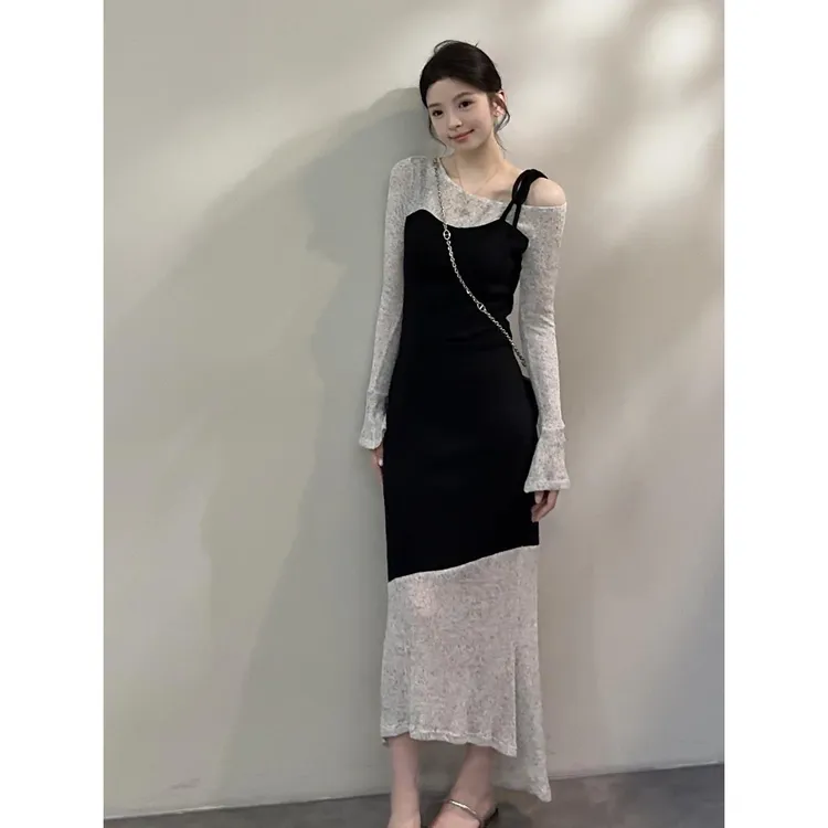 2025秋季新款拼色不规则假两件喇叭袖针织中长连衣裙显瘦鱼尾裙