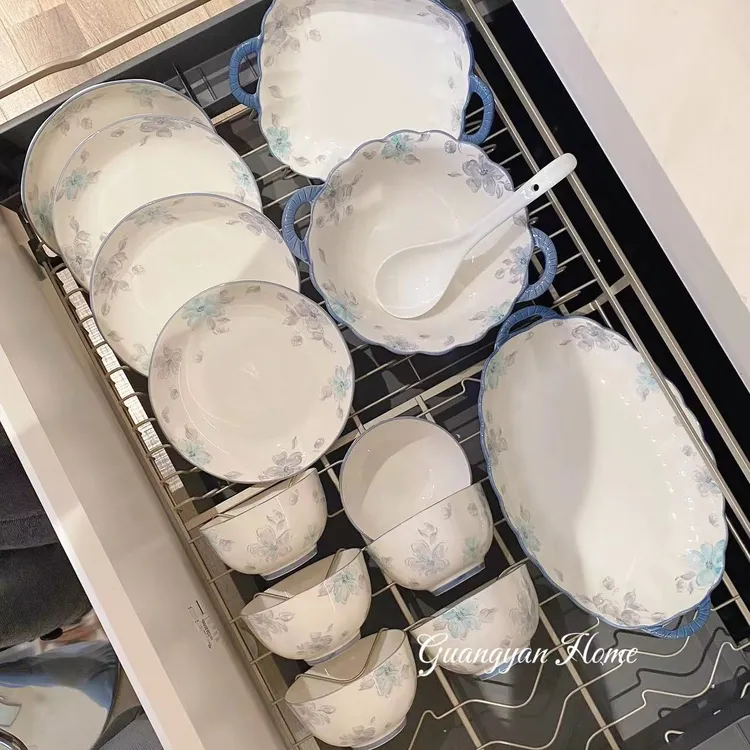 青蘅染黛14件套高颜值陶瓷碗盘米饭碗陶瓷双耳汤碗餐盘大套装