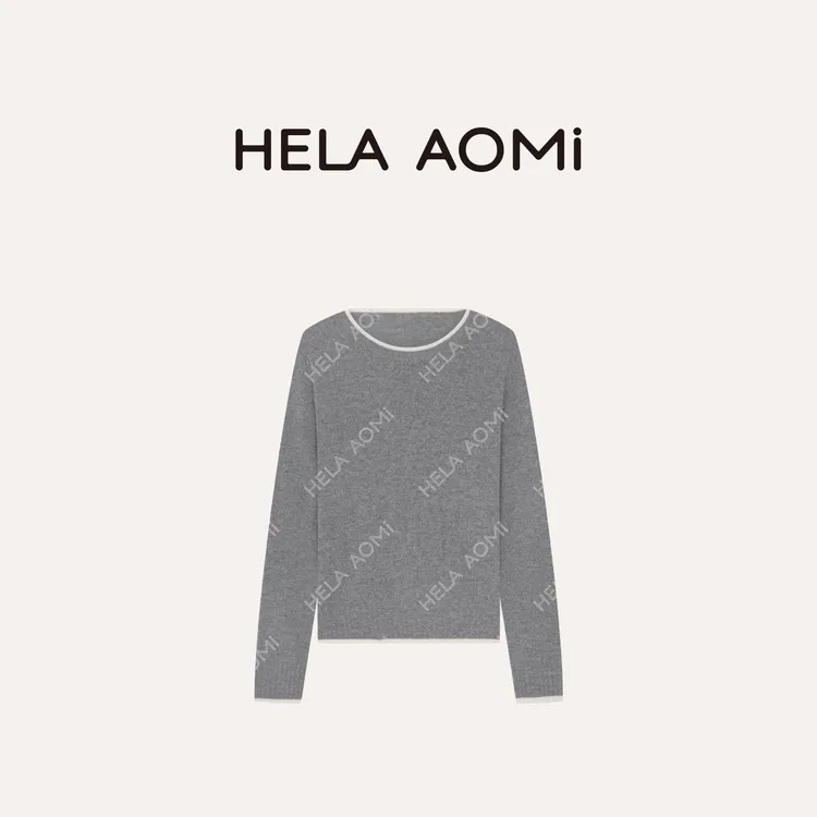 HELA AOMI “圆领全羊毛”绵羊毛100%撞色毛边长袖针织衫CY5CC33423