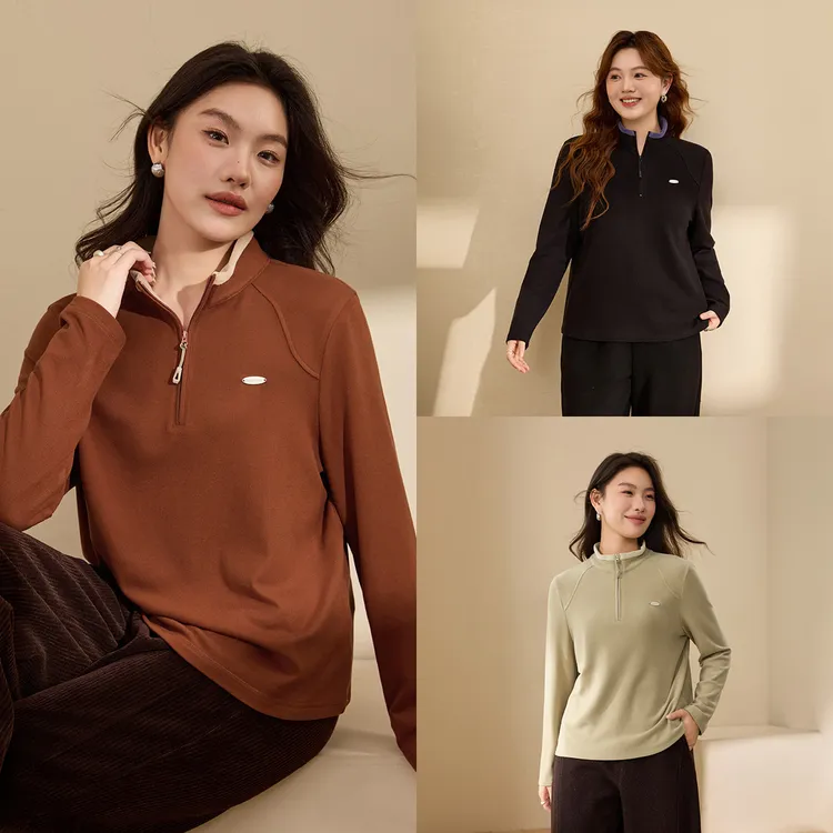 【莱赛尔绵羊毛混纺】纤莉秀W大码女装流光风拉链立领针织衫QK4591