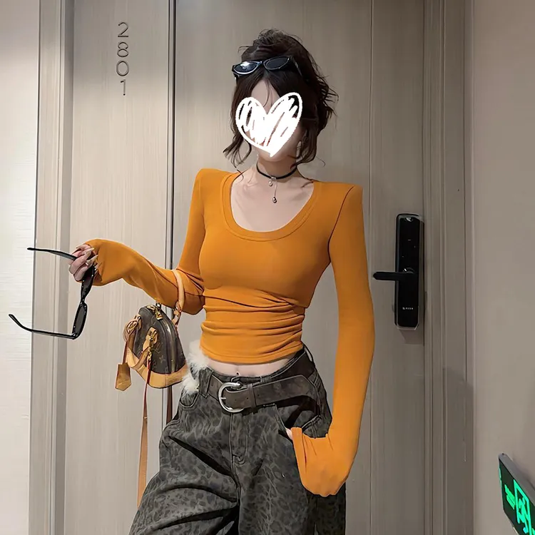  纯欲辣妹磨毛加厚长袖T恤女2025新款设计感气质修身显瘦打底衫潮