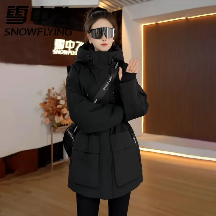 雪中飞2025冬季新款派克服中长款加厚保暖白鸭绒收腰羽绒服外套女