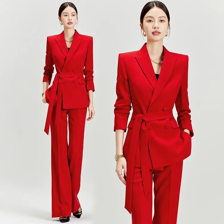 悠姿蝶红色西装套装2025春秋新款休闲 时尚女装结婚主持人西服女