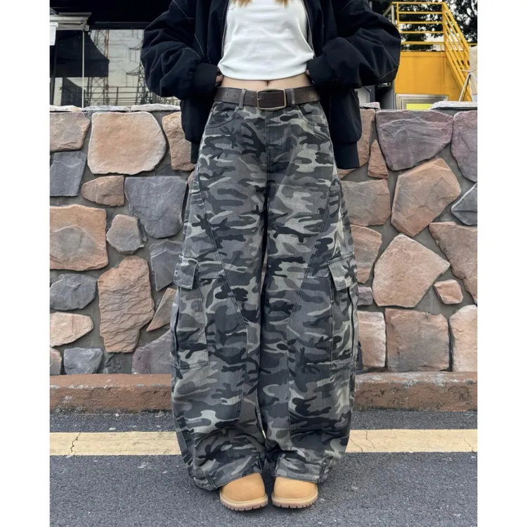【清仓】美式迷彩工装牛仔裤女秋冬宽松显瘦直筒阔腿拖地梧桐裤子