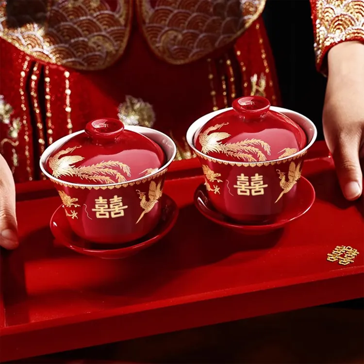 敬茶杯结婚改口敬酒茶杯套装喜碗婚礼对碗娘家陪嫁用品红色碗筷