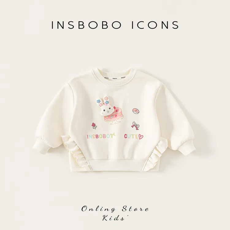 INSbobo女童卫衣洋气可爱花边装饰立体公仔印花圆领卫衣QY25035