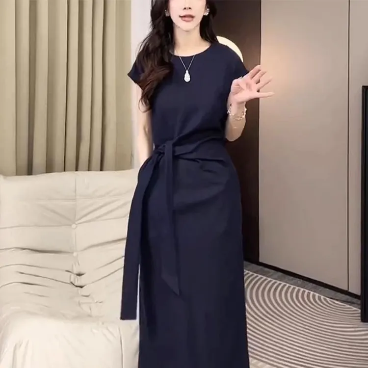 夏季爆款简约时尚高级感韩版法式中长裙女气质大码时尚收腰连衣裙