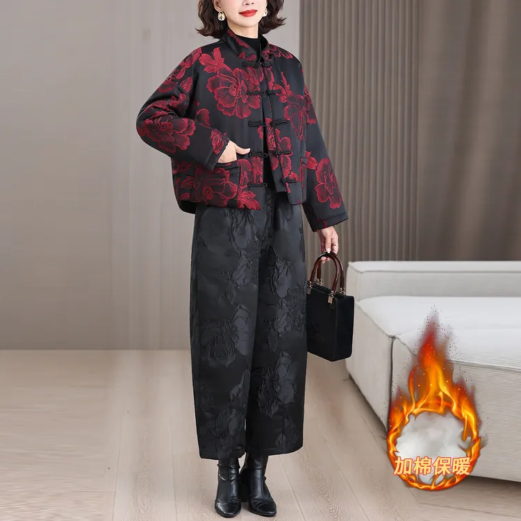中式国风棉衣套装女秋冬新款复古印花立领盘扣保暖棉袄提花直筒裤