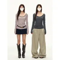 粉咖条纹撞色u领修身T恤长袖上衣女22287#