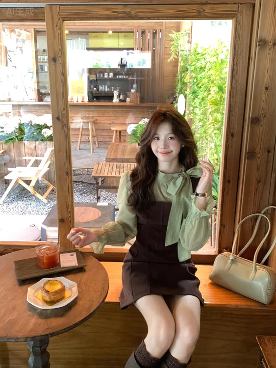 甜美韩系高级感精致感半高领系带蝴蝶结衬衫别致绝美时尚套装女装