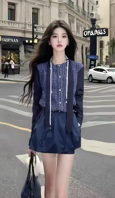 秋季新款高级感拼接设计圆领长袖上衣+深蓝色百搭半身裙女两件套