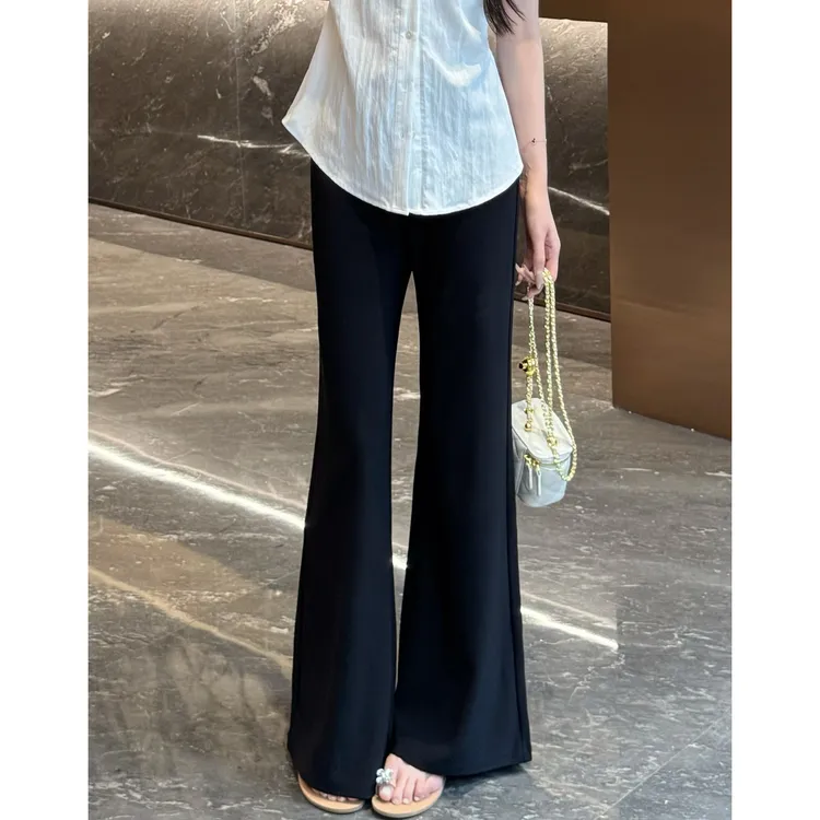 YUANLIANSU/圆脸酥【玫瑰恋记】秋季新款黑色百搭高腰显瘦微喇裤女