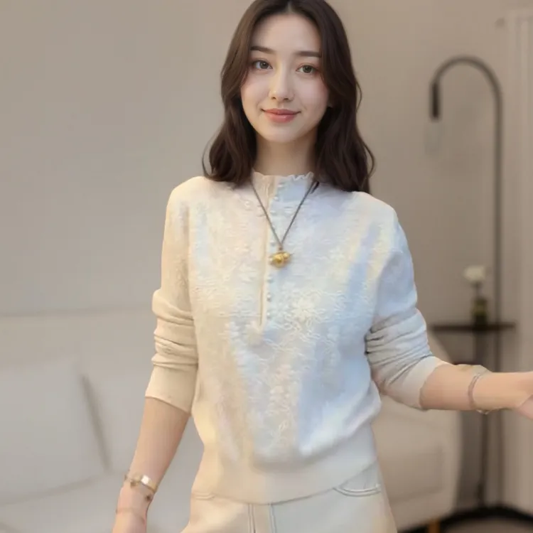 新款立领袖口镂空纽扣高级气质毛针织上衣LK2507957商品图