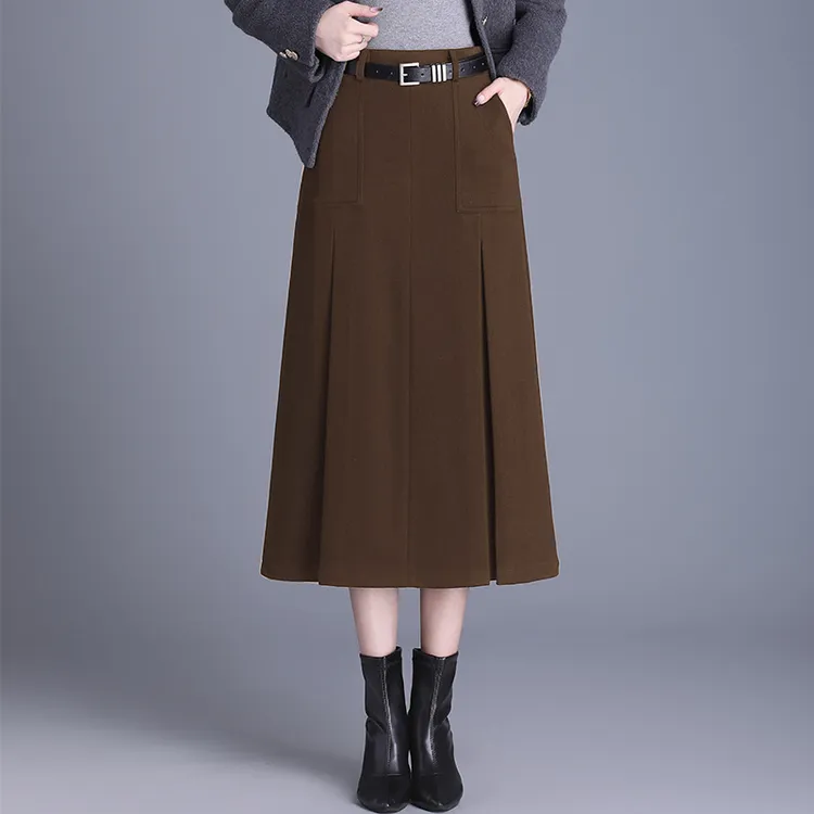 时尚毛呢A字裙垂感洋气半身裙女25年秋冬新品通勤高腰百褶中长裙