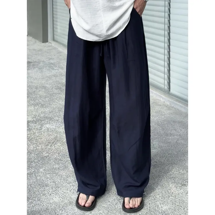 藏青色裤子男夏季薄款老钱风阔腿裤松弛感穿搭直筒裤