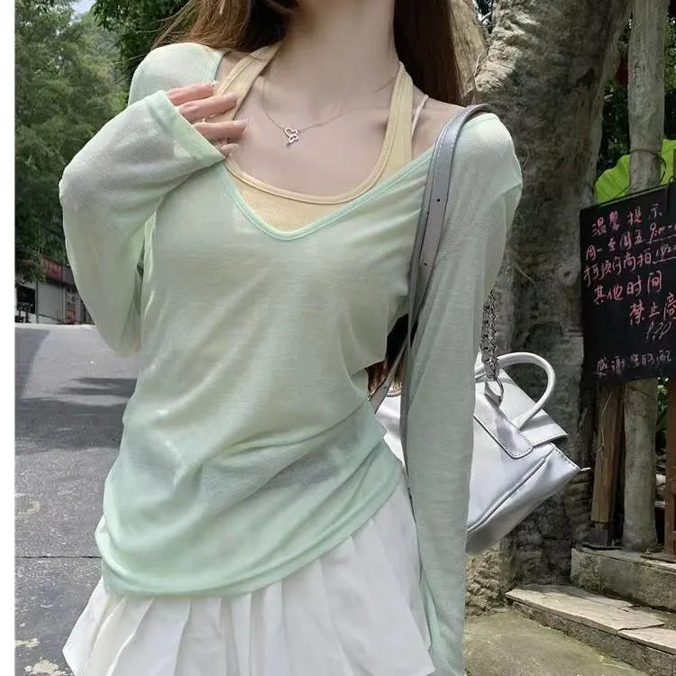 纯欲风套装V领薄款罩衫T恤女夏季小众内搭挂脖背心上衣时尚两件套
