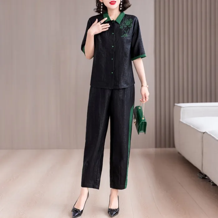 新中式复古妈妈装刺绣衬衫哈伦裤两件套夏季网红洋气炸街女装