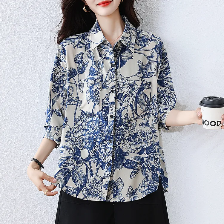 【女神新衣】2025秋季新款独特长袖上衣清爽印花衬衫女轻奢减龄小衫