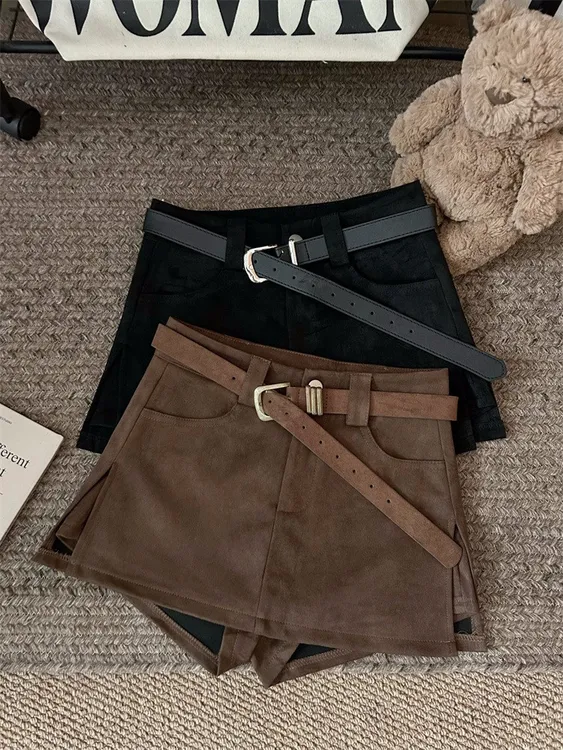 咖色辣妹复古鹿皮绒半身裙秋冬高腰显瘦包臀时尚百搭A字开叉短裙