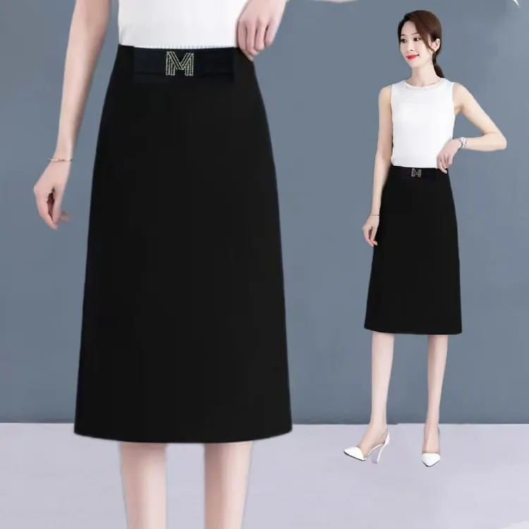 气质大码黑色高腰显瘦半身裙女包臀裙秋冬A中长新款开叉职场百搭